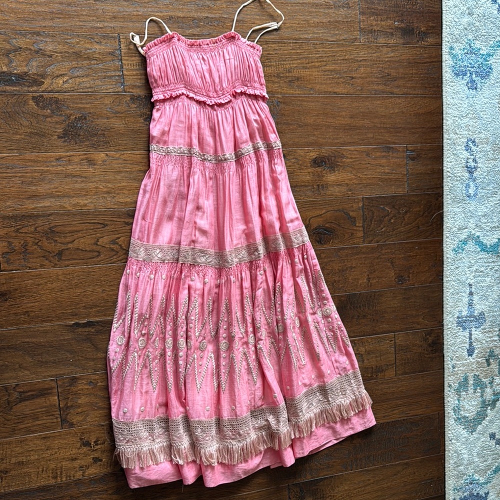 Rebecca Taylor Pink Bohemian Maxi Dress with kaki Embroidered Details size 4